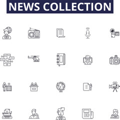 News collection line vector icons and signs. Reporting, Journaling, Curating, Periodicals, Scraping, Digitizing, Headlines, Disseminating outline vector illustration set