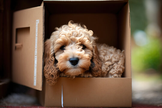 An adorable cockapoo puppy in a cardboard box, a charming and loveable companion for any pet lover. Generative AI