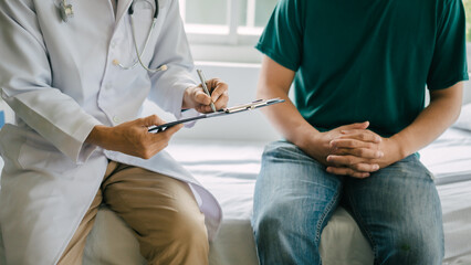 Male patient consulting a medical specialist at hospital. Mental illness, prostate cancer and dementia