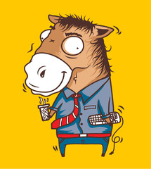 Tired Horse Office Employee with Mug of Coffee and Keyboard in Hand Funny Vector Illustration