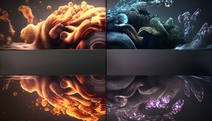  4 elements, background image in a mixed style, dark background and colorful colors.