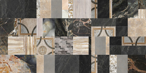 Beautiful patchwork mosaic made of several natural marbles and stones. Retro backdrop.
