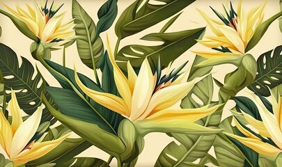  a painting of a bunch of yellow flowers and green leaves on a beige background with a white border around the edges of the image is a picture.  generative ai