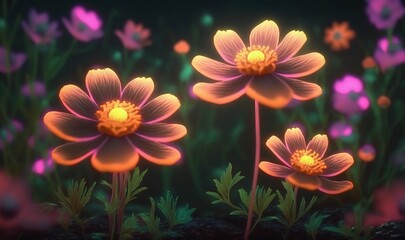  a group of flowers that are sitting in the grass with flowers in the back ground and grass in front of them, with a dark background of pink and purple flowers.  generative ai