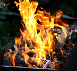 Fire on the grill, grill for cooking fried meat in nature during a picnic or summer vacation. Background Charcoal bonfire for barbeque advertising with restaurant and cafe flames. Menu background