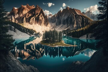 Fototapeta na wymiar photography of the outdoors. Stunning Carezza (Karersee) lake view in the summer. Dramatic early morning view of the Dolomite Alps in Bolzano, South Tyrol, Italy, and Europe. Background of the concept