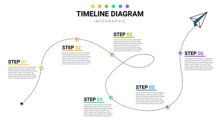 Infographic Modern Timeline concept with 6 steps. Can be used for workflow layout, diagram, banner, webdesign. Vector illustration on white background.