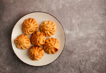 Deep-fried khinkali, khinkali with meat, traditional Georgian dish, no people,
