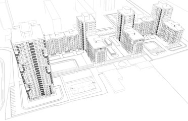 Fototapeta premium Modern buildings architectural drawing 3d illustration 