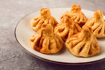 Deep-fried khinkali, khinkali with meat, traditional Georgian dish, no people,