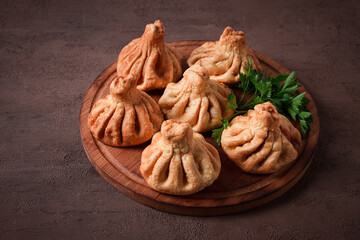 Deep-fried khinkali, khinkali with meat, traditional Georgian dish, no people,