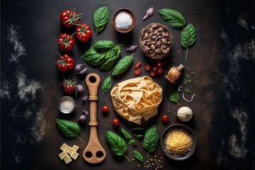 Italian food background. Italian cuisine. Ingredients on dark background. Cooking concept. Cooking background, AI generated