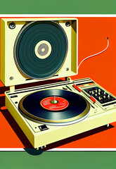Retro record player illustration inspired in 70s