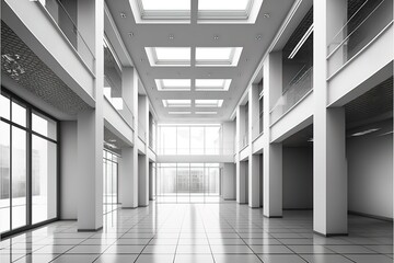 Interior of a modern empty office building.Open ceiling design, AI generated