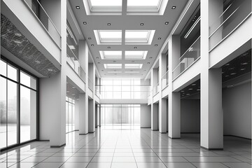 Interior of a modern empty office building.Open ceiling design, AI generated