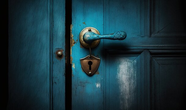  a blue door with a brass handle and a blue door handle with a blue door handle and a blue door with a brass handle and a black background.  generative ai