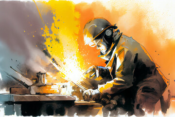 Welder welds equipment at factory.