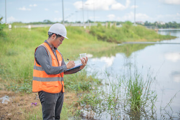 Environmental engineers inspect water quality,Bring water to the lab for testing,Check the mineral content in water and soil,Check for contaminants in water sources.