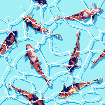 Seamless vector pattern with Japanese carps in transparent water