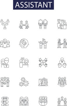Assistant line vector icons and signs. Attendant, Clerk, Companion, Helper, Secretary, Stenographer, Admin, Associate outline vector illustration set