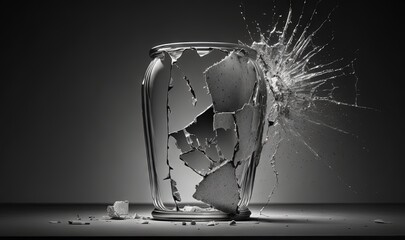  a broken glass with a lot of water on it's side and a crack in the middle of the glass, with a black and white background.  generative ai