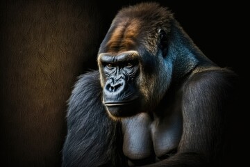 On a dark background, a lowland gorilla. Generative AI