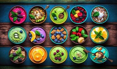 a table topped with bowls filled with different types of desserts and fruit on top of each other on top of a wooden table next to a blue wall.  generative ai