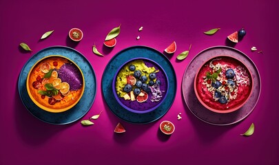  three plates of food on a purple surface with leaves on the side of the plates and a bowl of fruit on the side of the plate.  generative ai