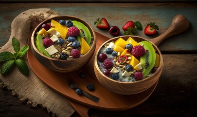 Fototapeta na wymiar a couple of bowls filled with fruit and nuts on top of a wooden tray next to a spoon and a wooden spoon with a wooden spoon. generative ai