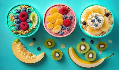  three bowls of cereal, fruit, and yogurt on a blue surface with a banana, kiwi, blueberries, and kiwi.  generative ai
