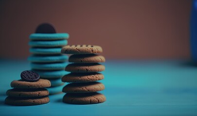  a stack of cookies with a cookie on top of it next to a blue bottle of milk and a cookie with a cookie on top of it.  generative ai