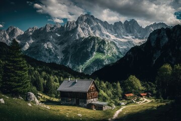 Fototapeta na wymiar Summertime view of the Slovenian mountains. Generative AI