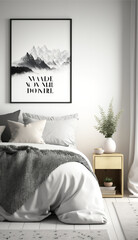 Interior of a bedroom Mockup poster frame in bedroom, Scandinavian style, 3d render 