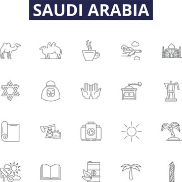 Saudi arabia line vector icons and signs. Arabia, Middle East, Oil, Despotism, Islam, Desert, Religious, Riyadh outline vector illustration set