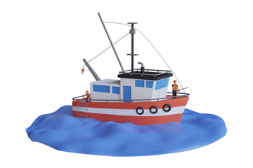 Obraz premium 3D Illustration of Man fishing on the boat .catching fish seafood and using net. fishing boat on water disk. Fishing boat and fisherman. 3d illustration 