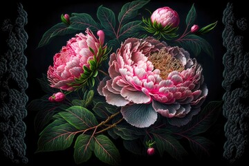 blossoming openwork pink peonies on dark background, created with generative ai - obrazy, fototapety, plakaty