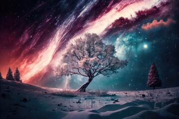 Magical winter landscape snow covered tree. Vibrant night sky with stars and nebula and galaxy. Deep sky astrophoto. Elements furnished by NASA. Generative AI