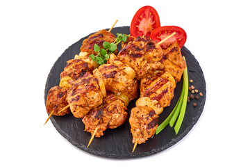 Roasted pork kebab BBQ, isolated on white background.