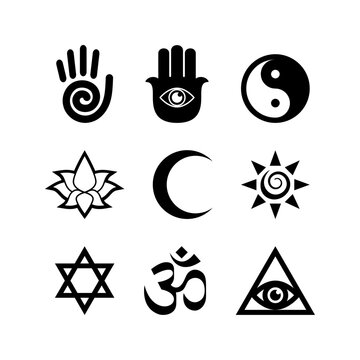 Esoteric and spiritual black and white icon set vector. Mystic sacred graphic design elements isolated on a white background. Religious symbols collection vector