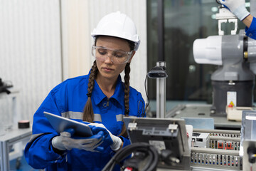 Female engineer working, checking electronic circuit motherboard and mechatronics in workshop. Female technician setup electronic circuit board of computer. Innovative technology concept