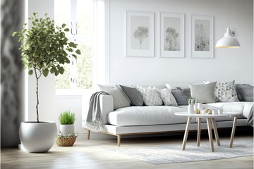 White living room with sofa. Scandinavian interior design. 3D illustration, AI generated
