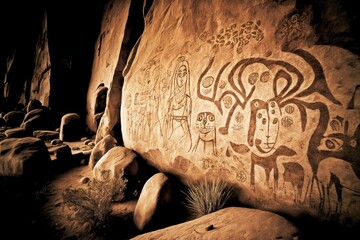 native petroglyphs on rock wall, created with generative ai