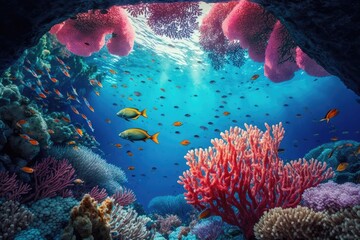 Underwater scenery with a colorful, picturesque coral reef at the bottom of a tropical sea and hard corals with Anthias fishes. Generative AI