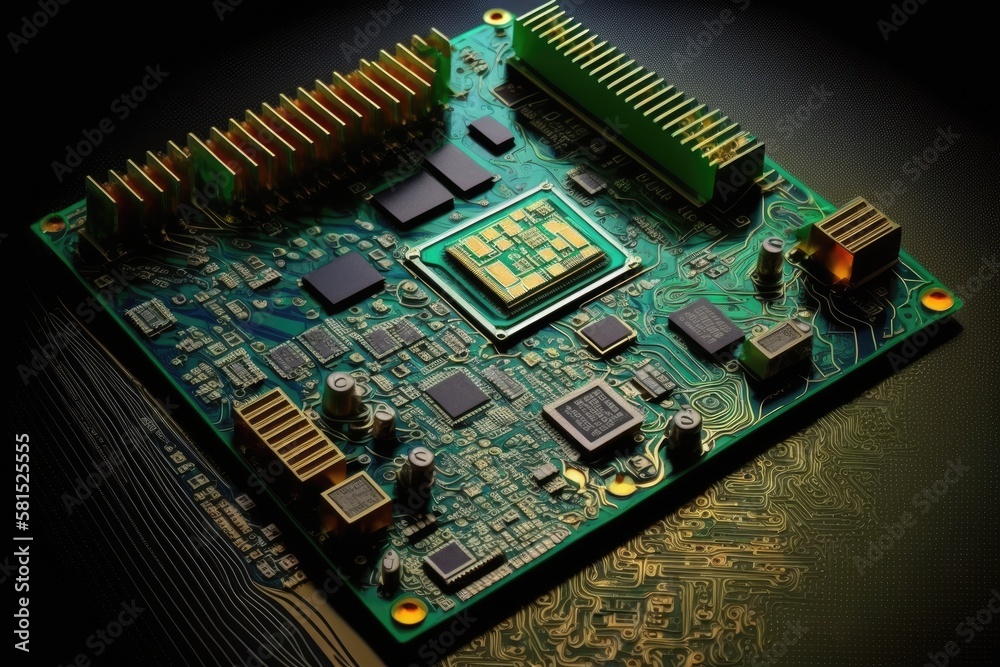 Poster the circuit board. technologies used in electronic computer hardware. digital chip on the motherboar