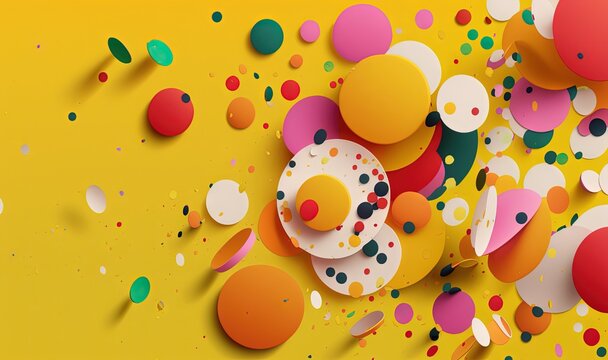  a yellow background with many different colored circles and dots on the bottom of the image, and a yellow background with a yellow background with a few different colored circles.  generative ai