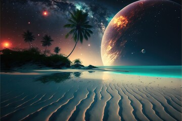 A fantasy styled Tropical Beach after sunset with stars moon and a planet.