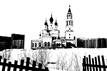Black and white illustration of an Orthodox church building with a bell tower and an old wooden fence in front.
