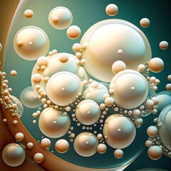 Beautiful group of shiny pearls on soft background with sparkles and light beams. Generative AI illustration.
