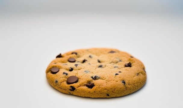  a chocolate chip cookie on a white surface with a bite taken out of one of the cookies and the rest of the cookie in the middle.  generative ai