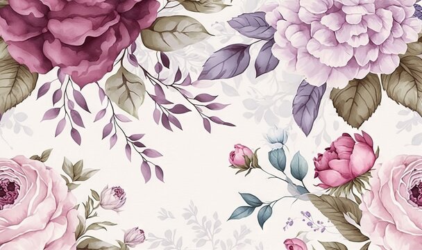  a floral wallpaper with pink and purple flowers on a white background with green leaves and flowers on the side of the wall and the wall.  generative ai